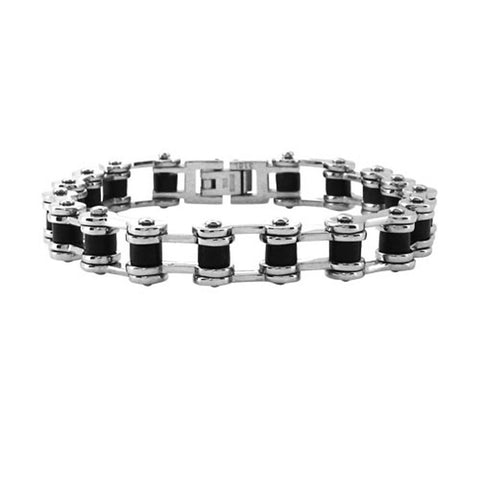 Stainless Steel and Black Rubber Accent Motorcycle Chain Bracelet