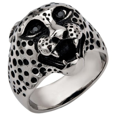 Stainless Steel Black Oxidized Cheetah Head Ring