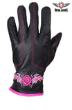 Womens Rose Graphic Embroidered Naked Leather Gloves, PINK OR PURPLE