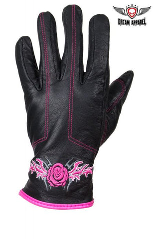 Womens Rose Graphic Embroidered Naked Leather Gloves, PINK OR PURPLE