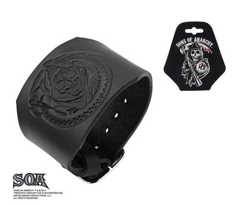 Sons of Anarchy Premium Leather Debossed Grim Reaper Cuff Bracelet with Gunsickle in Gear