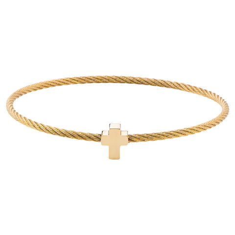 Stainless Steel IP Gold Cable Bangle Bracelet w/ Center Cross