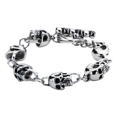 Men's Stainless Steel Black Oxidized Skull Link Toggle Bracelet