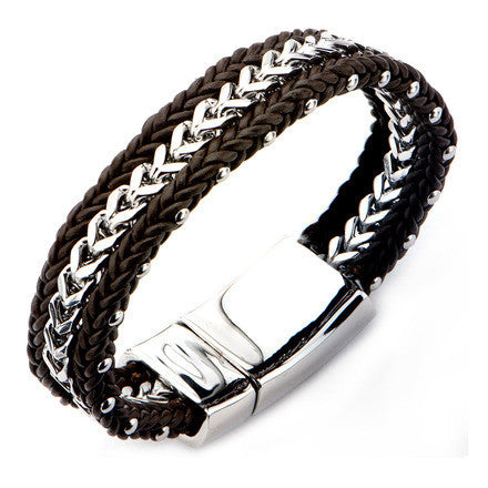 Double Braided Brown Leather Bracelet w/ Steel Franco Chain