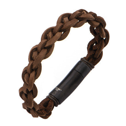 Brown Braided Leather Bracelet w/ Matte Black Clasp