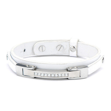 White Leather & Steel White CZ CNC Setting Bracelet