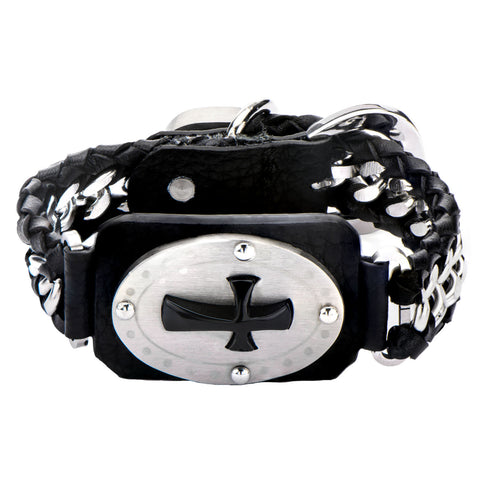 Men's Interwoven Steel Curb Chain & Black Leather w/ Onyx Cross Bracelet