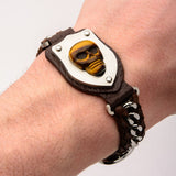 Interwoven Steel Curb Chain and Brown Leather with Tiger Skull Bracelet