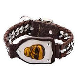 Interwoven Steel Curb Chain and Brown Leather with Tiger Skull Bracelet