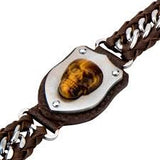 Interwoven Steel Curb Chain and Brown Leather with Tiger Skull Bracelet