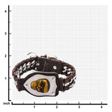 Interwoven Steel Curb Chain and Brown Leather with Tiger Skull Bracelet