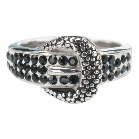 Stainless Steel Black Oxidized Buckle Ring w/ Black Pave Stones