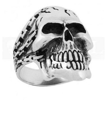 Stainless Steel Black Oxidized Skull w/ Chains Ring