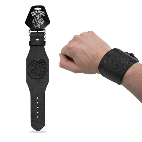 Sons of Anarchy Premium Leather Debossed Grim Reaper Cuff Bracelet with Gunsickle in Gear
