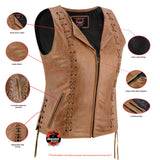 DS236 Women's Brown Zippered Vest with Lacing Details