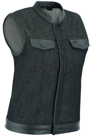 DM963 Women's Rough Rub-Off Raw Finish Denim Vest W/Leather Trim