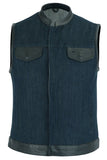 DM964 Women's Broken Blue Rough Rub-Off Raw Finish Denim Vest W/Leather Trim