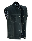 DS164 Men's Paisley Black Leather Motorcycle Vest with White Stitching