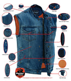 DM989BU Concealed Snap Closure, Denim Material, Scoop Collar & Hidden