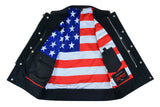 DS165 MEN'S LEATHER VEST WITH RED STITCHING AND USA INSIDE FLAG LININ