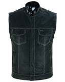 DS164 Men's Paisley Black Leather Motorcycle Vest with White Stitching