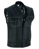 DS164 Men's Paisley Black Leather Motorcycle Vest with White Stitching