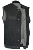 DM962 Men's Rough Rub-Off Raw Finish Denim Vest W/Leather Trim - Scoop Collar