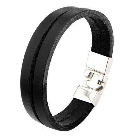 Black Double Strap Leather Polished Latch Bracelet