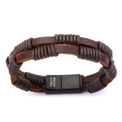 Double Strap Brown Leather Bracelet Wrapped w/ Black Rope