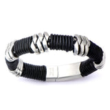 Stainless Steel & Black Leather Bracelet