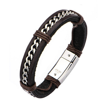 Dark Brown Leather Bracelet w/ Stainless Steel Curb Chain Inlayed