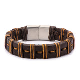 Brown Stripe Threaded Leather Bracelet w/ Steel Clasp