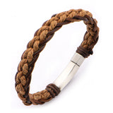 Brown Woven and Threaded Leather Bracelet with Steel Clasp