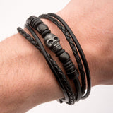 Stainless Steel Multi Black Leather & Black Skull Beads Bracelet