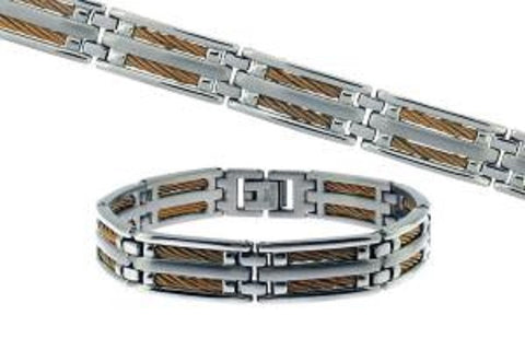 Stainless Steel w/Dual Gold Color Cable Link Bracelet