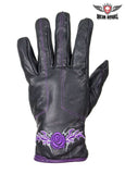 Womens Rose Graphic Embroidered Naked Leather Gloves, PINK OR PURPLE