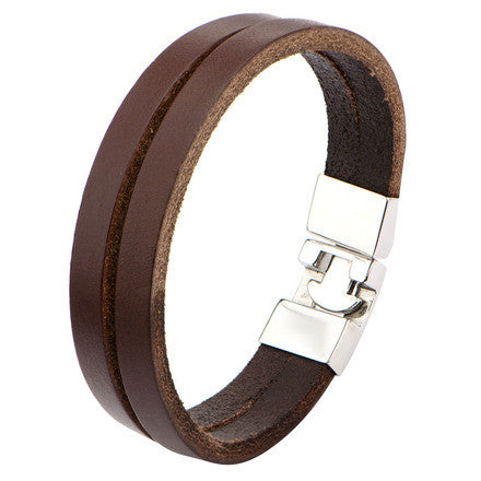 Brown Double Strap Leather & Polished Latch Bracelet
