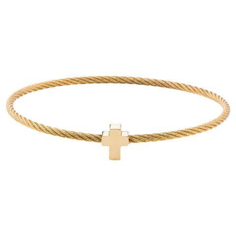 Stainless Steel IP Gold Cable Bangle Bracelet w/ Center Cross