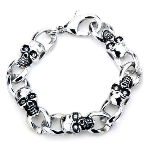 Women's Stainless Steel Skulls with Clear CZ Eyes Link Bracelet