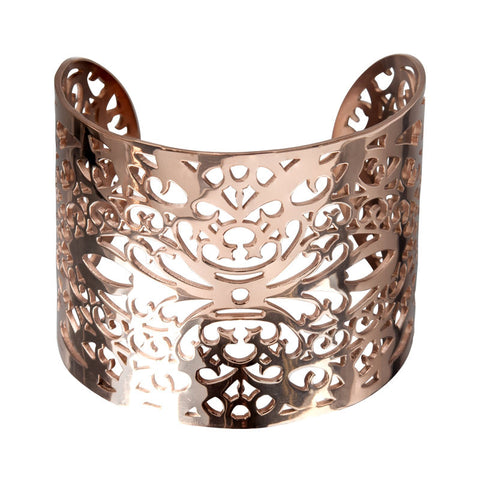 Stainless Steel Rose Gold Filigree Leaf Pattern Cuff Bangle Bracelet
