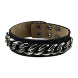Stainless Steel Shiny Polished Steel Curb on Leather Bracelet