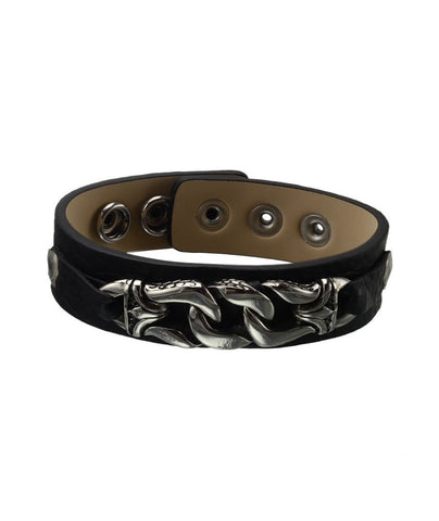 Men's Stainless Steel Three Curb On Leather Bracelet