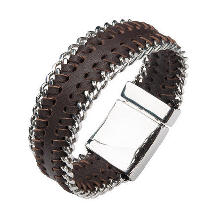 Men's Brown Leather Bracelet w/ Stainless Steel Curb Chain at Both Sides