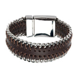 Men's Brown Leather Bracelet w/ Stainless Steel Curb Chain at Both Sides