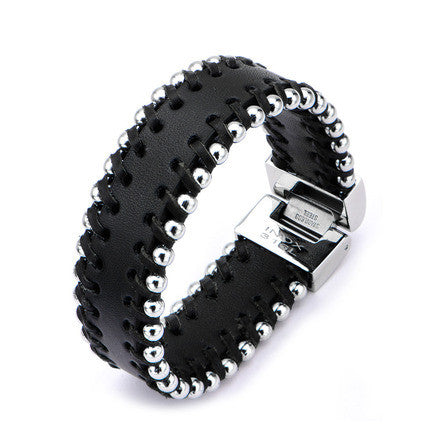 Black Leather Bracelet w/ Steel Ball Sides