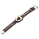 Interwoven Steel Curb Chain and Brown Leather with Tiger Skull Bracelet