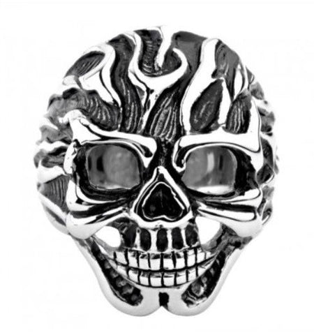 Stainless Steel Black Oxidized Flaming Skull Ring