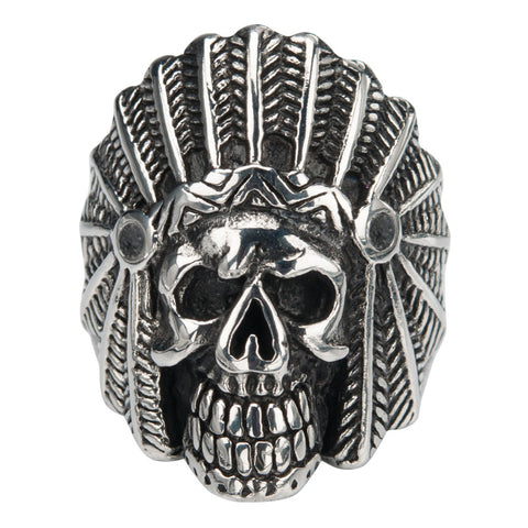 Stainless Steel Black Oxidized Indian Chief Skull Ring