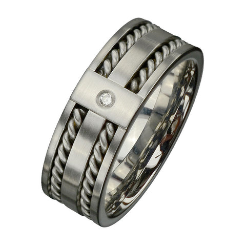 Stainless Steel Band w/ Twisted Cable Inlay & CZ