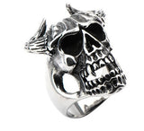 Stainless Steel Black Oxidized Skull with Bull Horns Ring